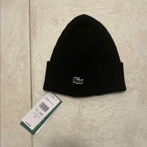 Lacoste Black Knit Hat with Green Crocodile